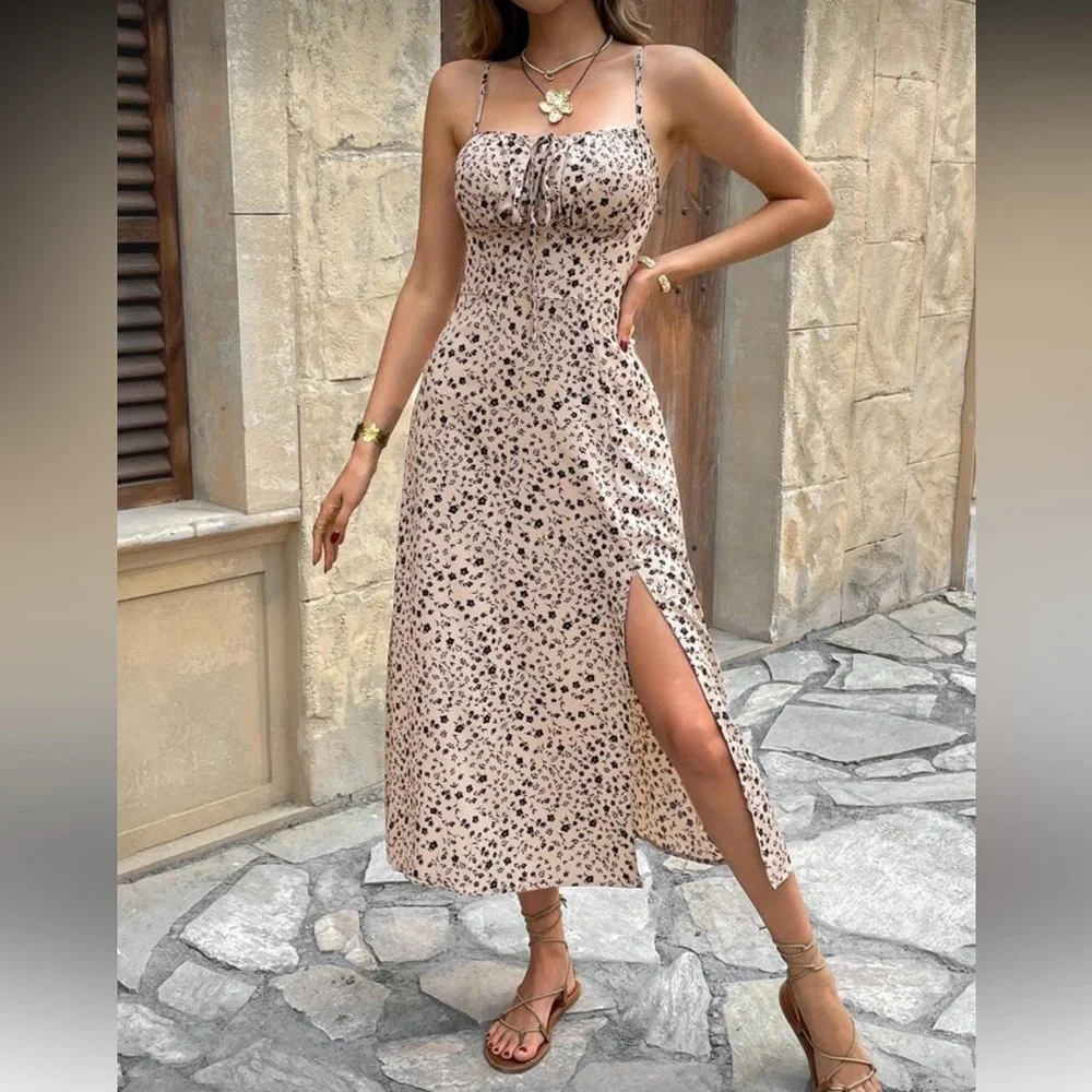 Elegant Tan Spaghetti Strap Dress